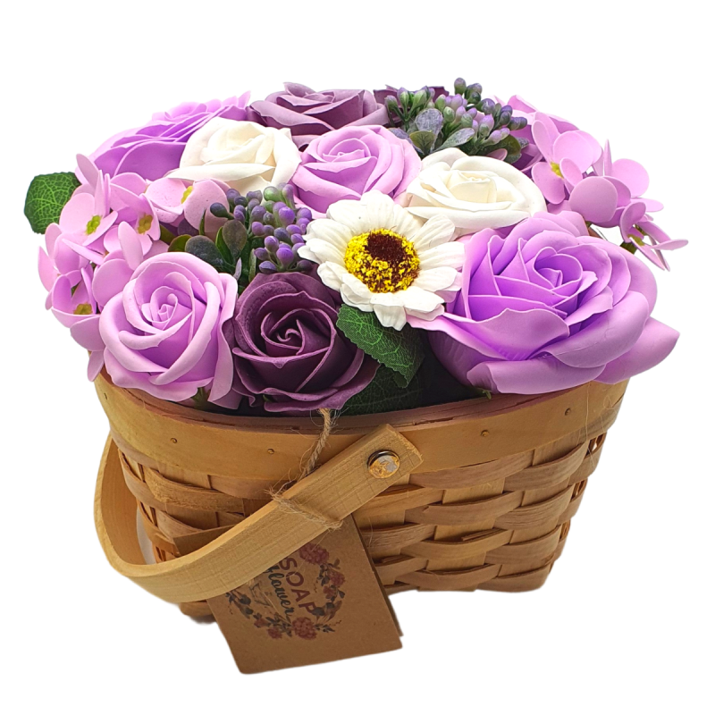 Bouquet Fleurs de Savon Violet avec Panier en Osier